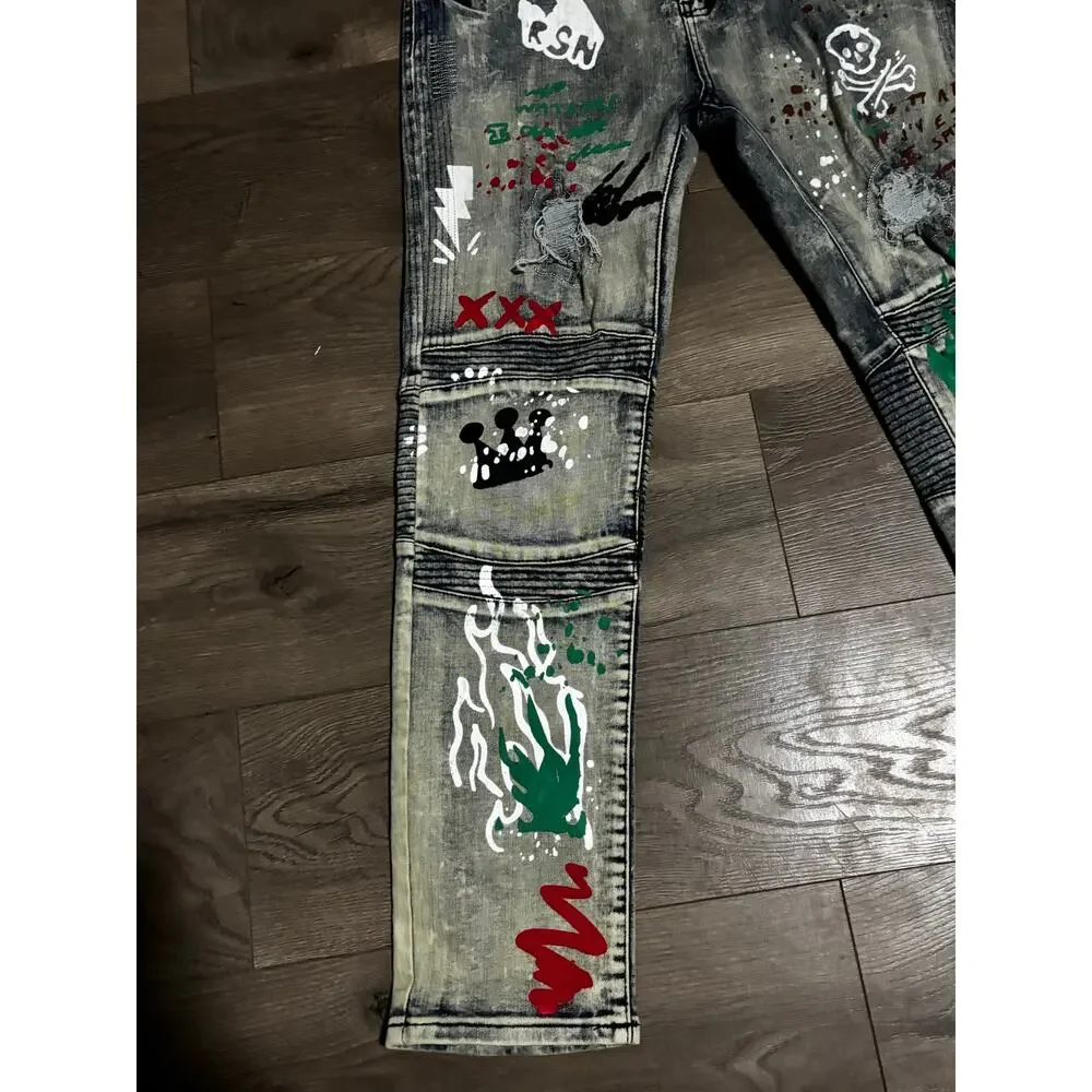 BIEPA Jeans Men’s Size 38 Distressed Moto Graffiti Skinny Jeans